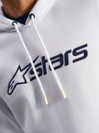 Alpinestars Blaze V3 Hoodie, White Navy, close-up of chest featuring navy blue front logo print and white drawstrings with dipped tips, casual motorsport streetwear