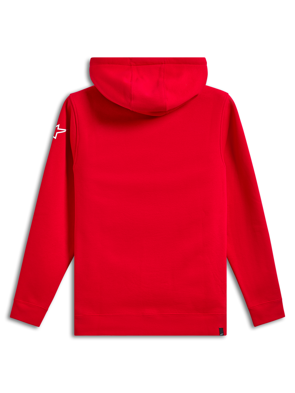 Alpinestars Linear Wordmark V3 Kapuzenpullover, Rückansicht, einfarbig Rot, weißes Ageless-Stern-Logo am Ärmel, Fleece-Kapuzenpullover mit Rippbündchen und Saum, lässige Motorsport-Streetwear