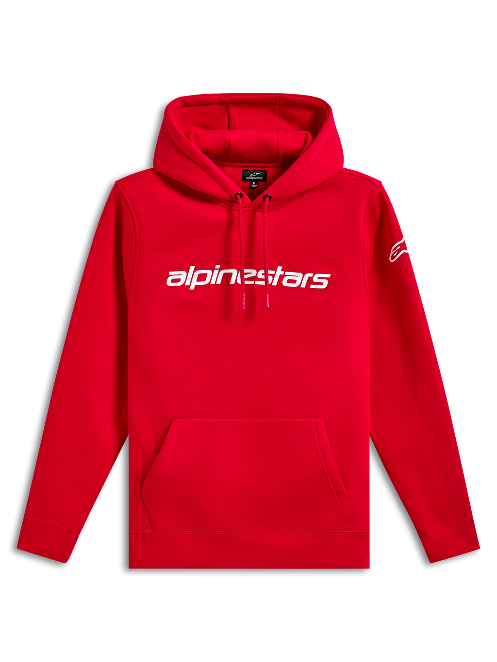 Alpinestars Linear Wordmark V3 Hoodie, lässige Streetwear, Rot mit weißem Alpinestars-Schriftzug auf der Brust, weißes Ageless-Logo am Ärmel, Kapuze mit Kordelzug, Kängurutasche, Rippbündchen an Ärmeln und Saum