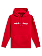Alpinestars Linear Wordmark V3 Hoodie, lässige Streetwear, Rot mit weißem Alpinestars-Schriftzug auf der Brust, weißes Ageless-Logo am Ärmel, Kapuze mit Kordelzug, Kängurutasche, Rippbündchen an Ärmeln und Saum
