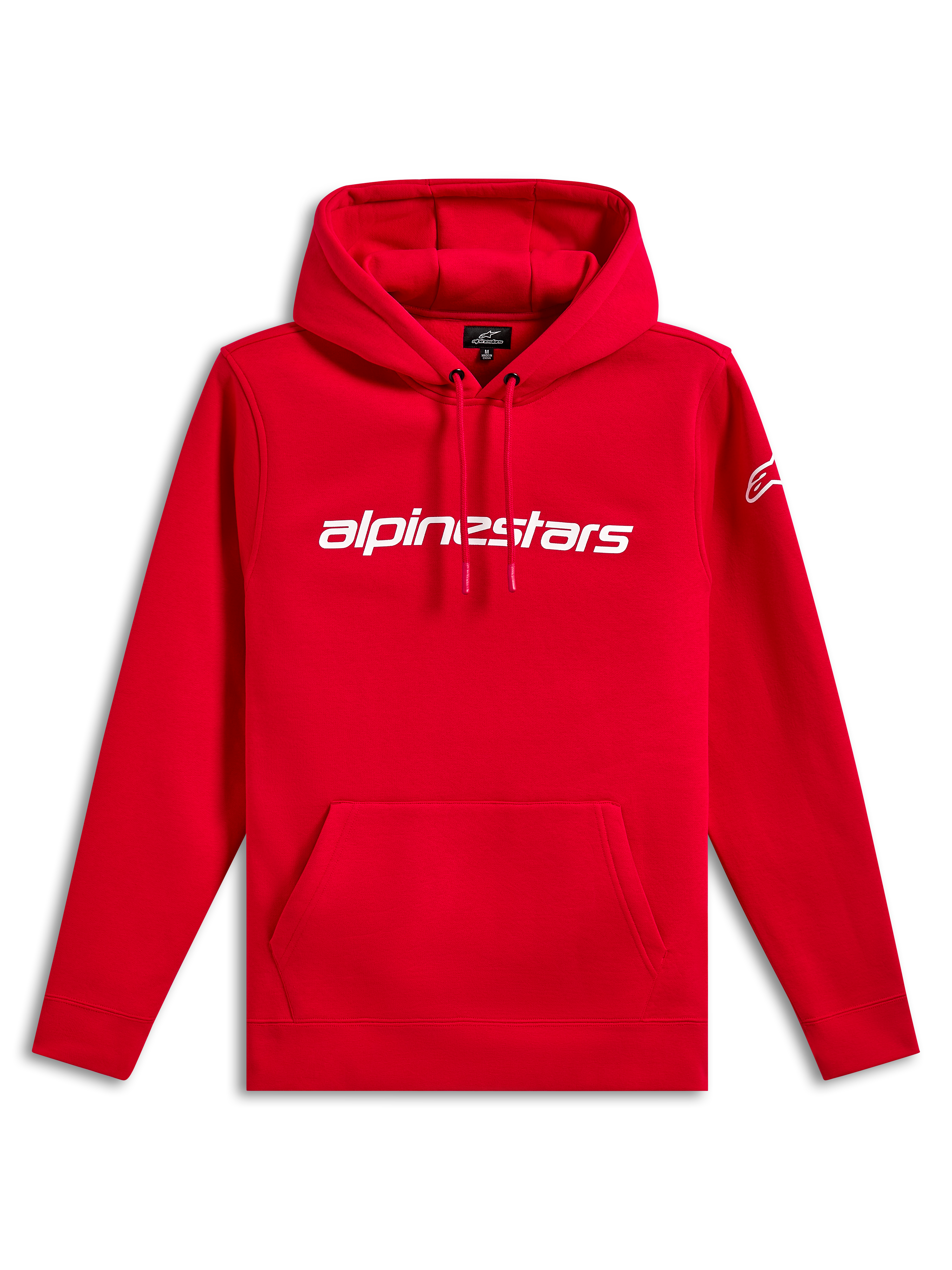 Alpinestars Linear Wordmark V3 Hoodie, lässige Streetwear, Rot mit weißem Alpinestars-Schriftzug auf der Brust, weißes Ageless-Logo am Ärmel, Kapuze mit Kordelzug, Kängurutasche, Rippbündchen an Ärmeln und Saum