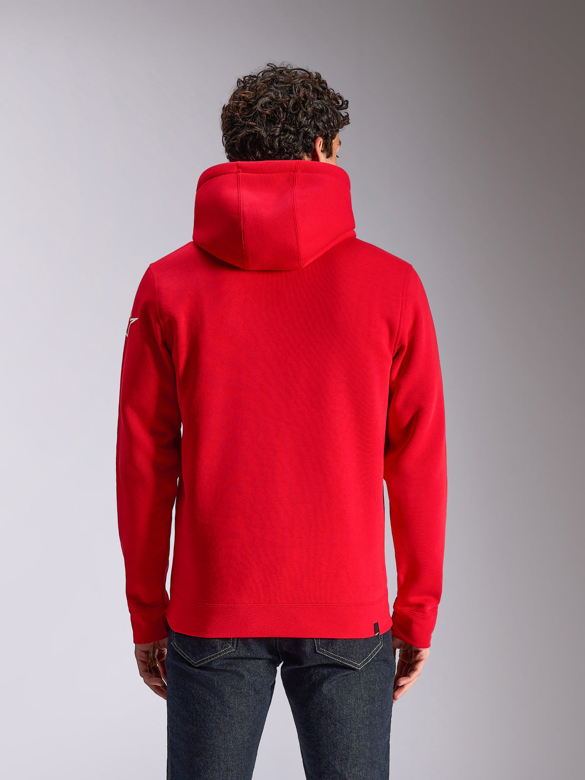 Alpinestars Linear Wordmark V3 Hoodie, Rückansicht eines roten Kapuzenpullovers aus Fleece, mit weißem Ageless-Logo auf dem Ärmel, Rippbündchen an Ärmeln und Saum, lässige, vom Motorsport inspirierte Streetwear