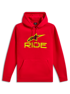 Alpinestars Ride V3 Hoodie, roter Fleece-Kapuzenpullover, neongelbes RIDE-Logo und Astars-Symbol mit schwarzem Perforationsdruck, Kapuze mit Kordelzug, Kängurutasche vorne, lässige Motorsport-Streetwear