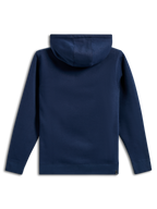 Alpinestars Ride V3 Kapuzenpullover, Rückansicht eines dunkelblauen Fleece-Hoodies, einfarbiges Design mit Rippbündchen an Ärmeln und Saum, Kapuze mit Jersey-Futter, lässige, vom Motorsport inspirierte Sportbekleidung