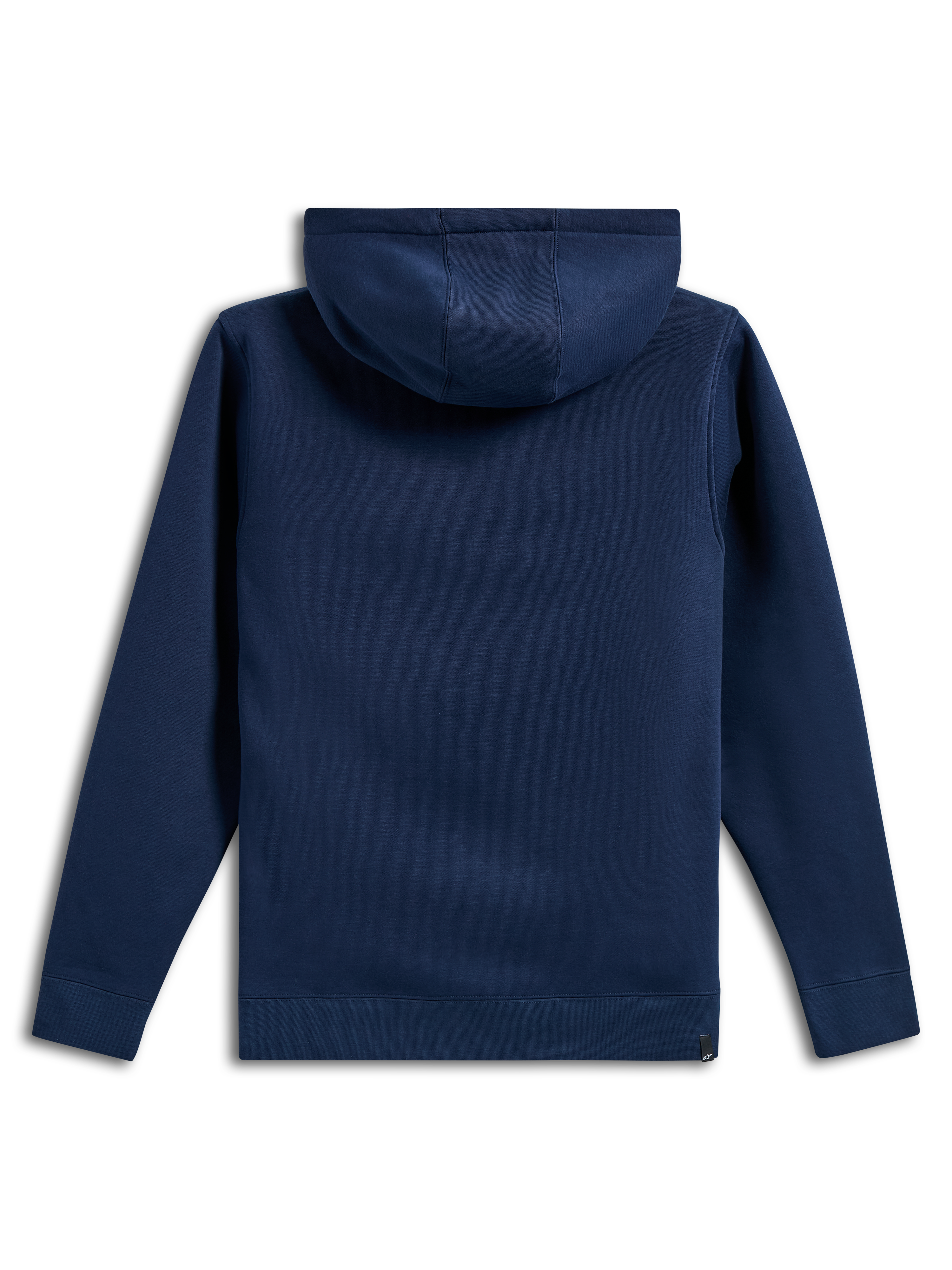 Alpinestars Ride V3 Kapuzenpullover, Rückansicht eines dunkelblauen Fleece-Hoodies, einfarbiges Design mit Rippbündchen an Ärmeln und Saum, Kapuze mit Jersey-Futter, lässige, vom Motorsport inspirierte Sportbekleidung