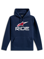 Alpinestars Ride V3 Hoodie, lässiger navyblauer Fleece-Kapuzenpullover, mit weißem RIDE-Logo und rotem Alpinestars-Sternlogo auf der Brust, Kapuze mit Kordelzug, Kängurutasche vorne, lange Ärmel und Rippbündchen.