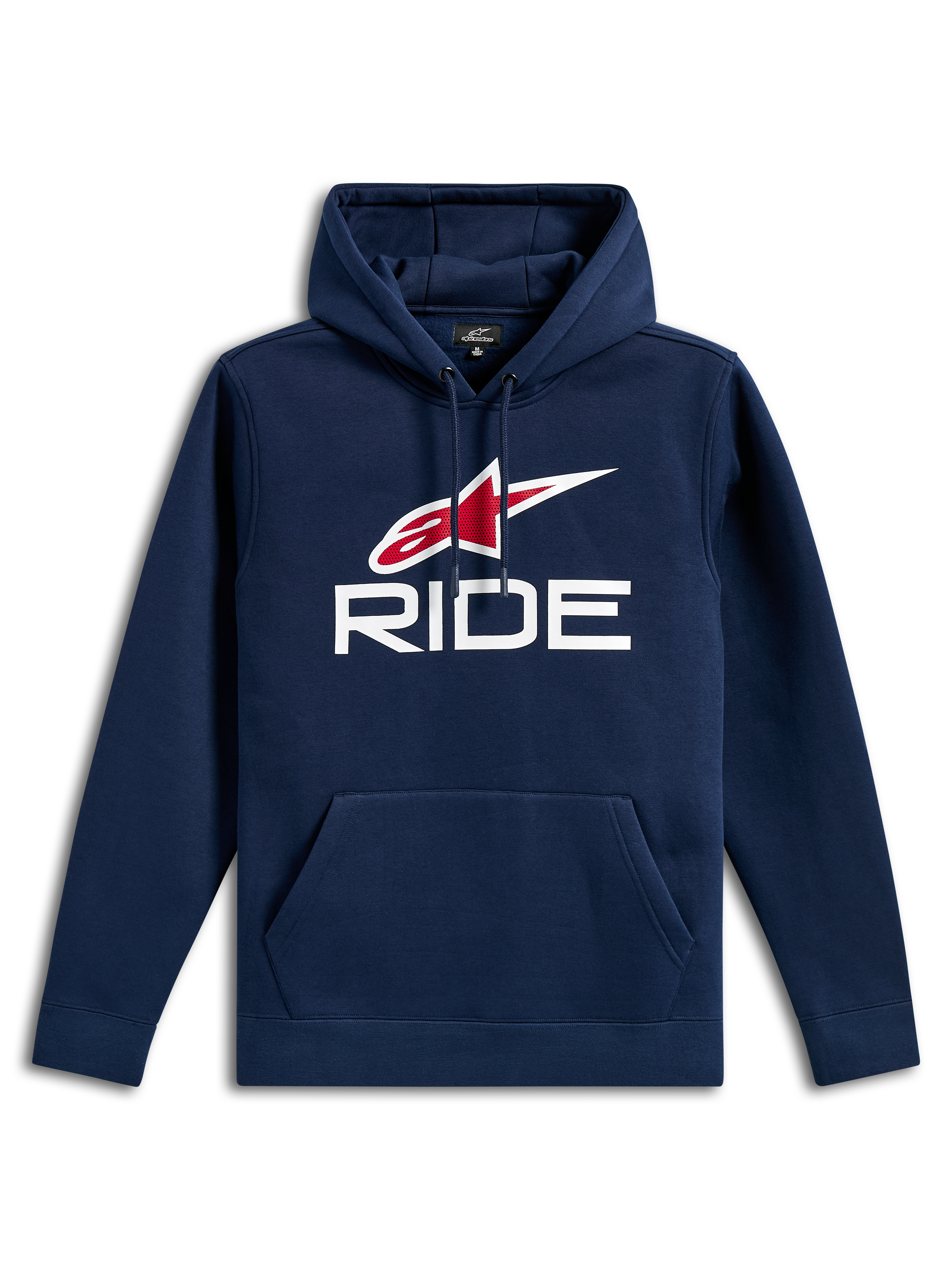 Alpinestars Ride V3 Hoodie, lässiger navyblauer Fleece-Kapuzenpullover, mit weißem RIDE-Logo und rotem Alpinestars-Sternlogo auf der Brust, Kapuze mit Kordelzug, Kängurutasche vorne, lange Ärmel und Rippbündchen.