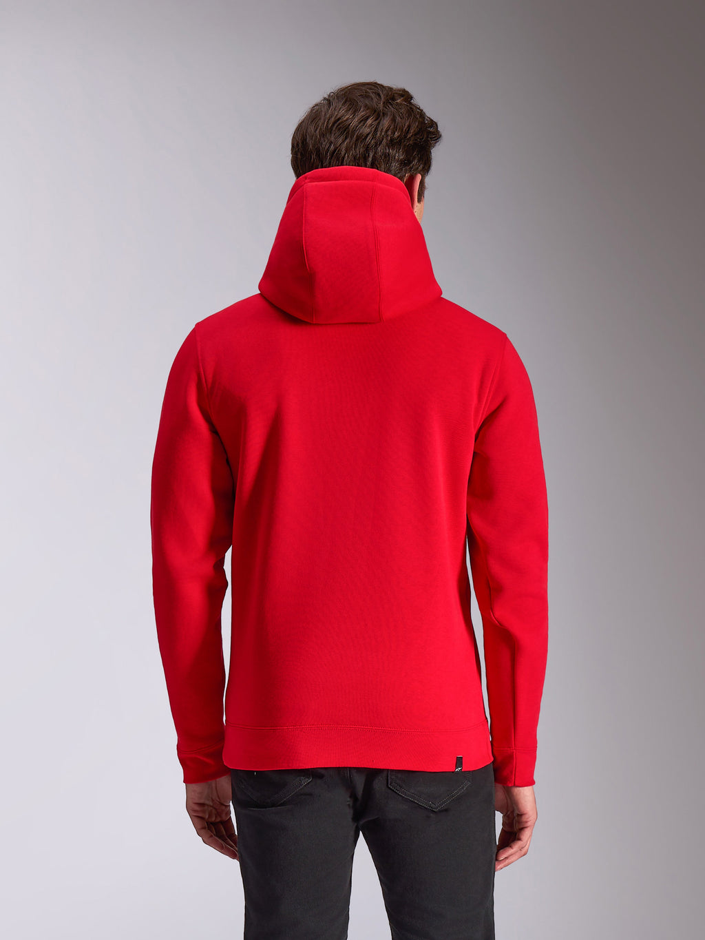 Alpinestars Ride V3 Hoodie, lässige Motorsport-Streetwear, roter Kapuzenpullover, Rückansicht, einfarbig Rot, Rippbündchen an Ärmeln und Saum, Kapuze mit Jerseyfutter