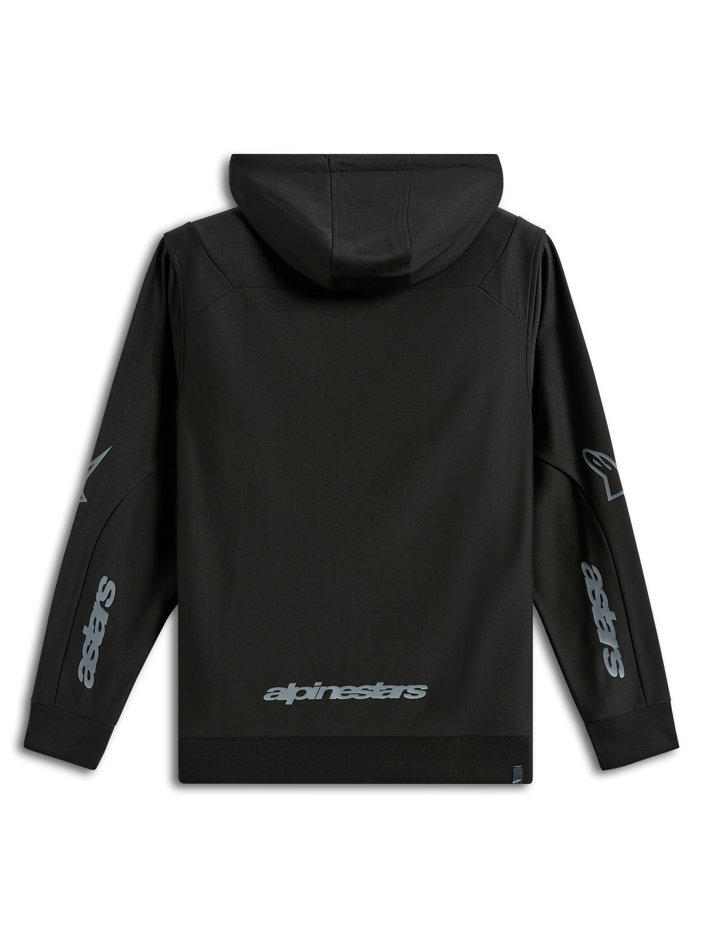 Alpinestars Sessions V3 Hoodie, lässige Sportbekleidung, Schwarz mit grauem Branding, Rückansicht mit Alpinestars-Wortmarke am unteren Rücken und Astars-Grafiken an den Ärmeln, Polyfleece mit Kapuze und Rippbündchen, modernes, vom Motorsport inspiriertes Design