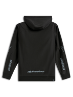 Alpinestars Sessions V3 Hoodie, lässige Sportbekleidung, Schwarz mit grauem Branding, Rückansicht mit Alpinestars-Wortmarke am unteren Rücken und Astars-Grafiken an den Ärmeln, Polyfleece mit Kapuze und Rippbündchen, modernes, vom Motorsport inspiriertes Design