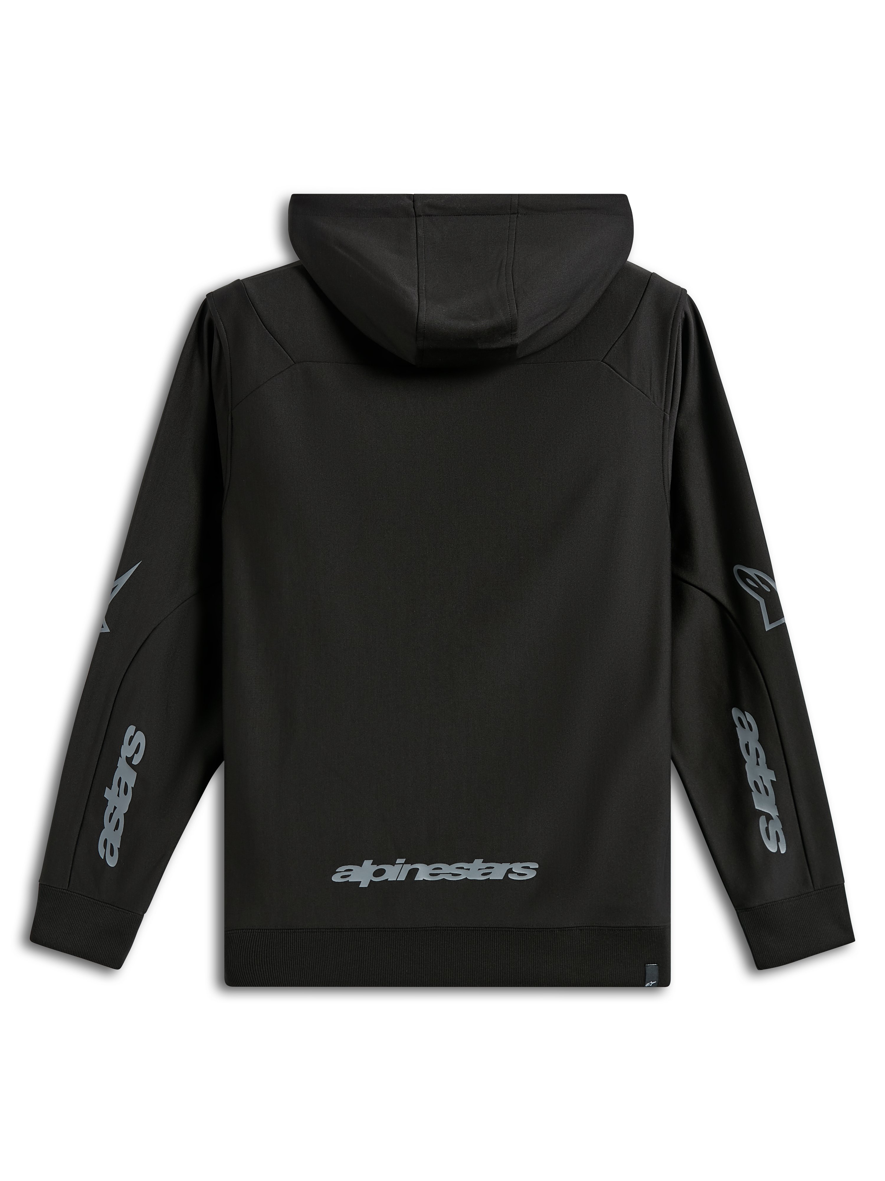 Alpinestars Sessions V3 Hoodie, lässige Sportbekleidung, Schwarz mit grauem Branding, Rückansicht mit Alpinestars-Wortmarke am unteren Rücken und Astars-Grafiken an den Ärmeln, Polyfleece mit Kapuze und Rippbündchen, modernes, vom Motorsport inspiriertes Design