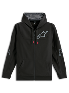 Alpinestars Sessions V3 Hoodie, schwarze Poly-Fleece-Kapuzenjacke mit Reißverschluss, graues Alpinestars Star-Logo auf der Brust und den Ellbogen, Kordelzüge mit roten Enden, Kapuze mit Mesh-Futter, lässige Motorsport-Streetwear