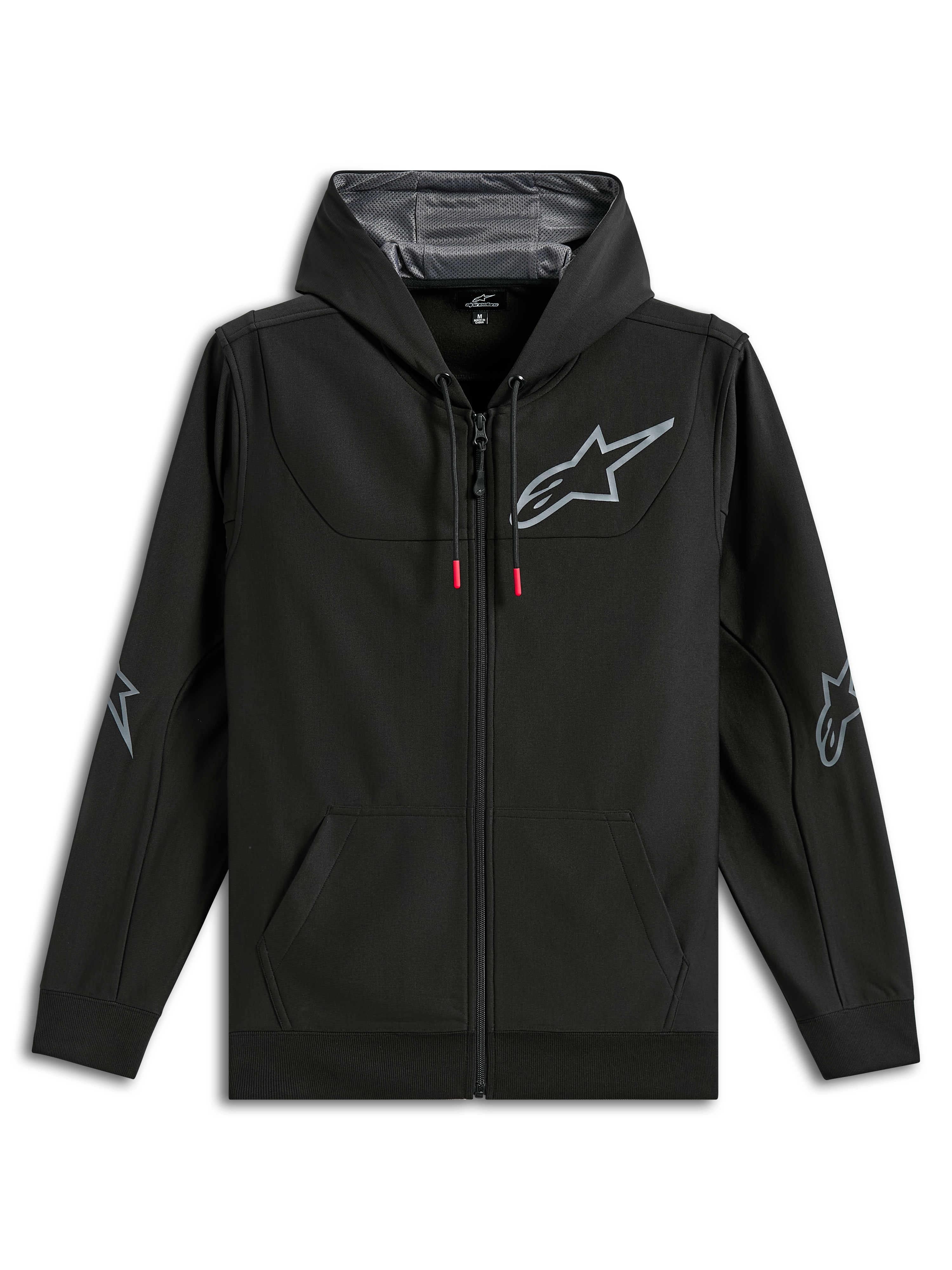 Alpinestars Sessions V3 Hoodie, schwarze Poly-Fleece-Kapuzenjacke mit Reißverschluss, graues Alpinestars Star-Logo auf der Brust und den Ellbogen, Kordelzüge mit roten Enden, Kapuze mit Mesh-Futter, lässige Motorsport-Streetwear