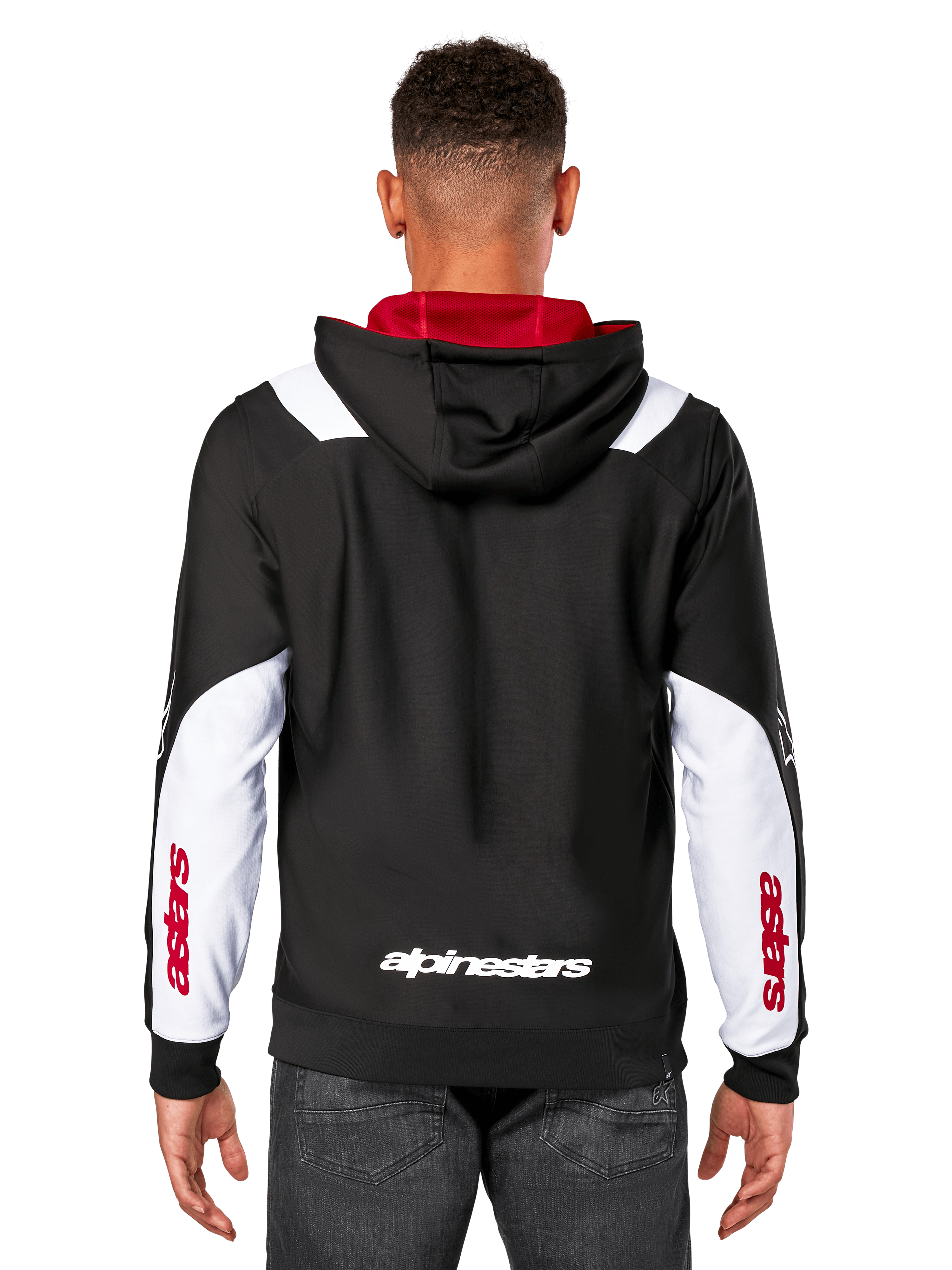 Alpinestars Sessions V3 Hoodie, Rückansicht, Schwarz mit weißen Ärmeleinsätzen und rotem Kapuzenfutter, mit weißem Schriftzug am Rücken und rotem Branding an den Ärmeln, lässige, vom Motorsport inspirierte Streetwear