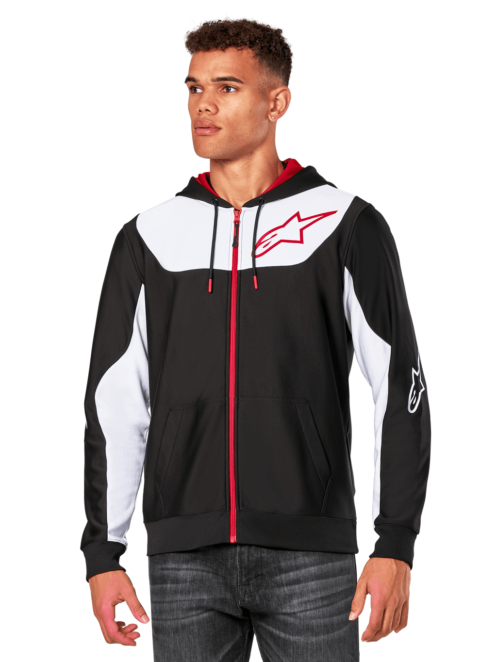 Alpinestars Sessions V3 Hoodie, Kapuzenjacke mit Reißverschluss, Schwarz mit weißen Einsätzen und roten Akzenten, mit rotem Reißverschluss, Mesh-gefütterter Kapuze und Alpinestars Stern-Logo auf der Brust, lässige vom Motorsport inspirierte Streetwear