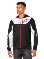 Alpinestars Sessions V3 Hoodie, Kapuzenjacke mit Reißverschluss, Schwarz mit weißen Einsätzen und roten Akzenten, mit rotem Reißverschluss, Mesh-gefütterter Kapuze und Alpinestars Stern-Logo auf der Brust, lässige vom Motorsport inspirierte Streetwear