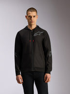 Alpinestars Sessions V3 Hoodie, Polyfleece-Kapuzenjacke mit Reißverschluss in Schwarz und Grau, mit grauen Stern-Logos auf der Brust und an den Ellbogen, technischen Kordelzügen mit roten Enden, lässiger Motorsport-Streetwear-Stil.