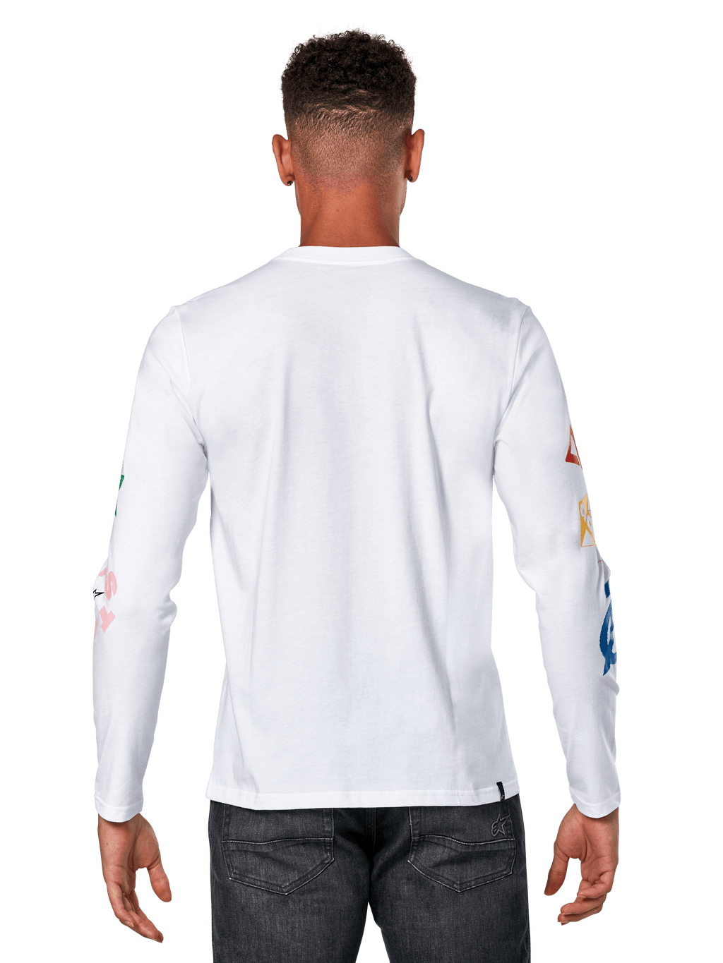 Alpinestars Brundo CSF Tee, Langarm-T-Shirt, Weiß, Rückansicht mit farbenfrohen Grafikdrucken auf den Ärmeln, lässige Motorsport-Streetwear