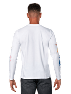 Alpinestars Brundo CSF Tee, Langarm-T-Shirt, Weiß, Rückansicht mit farbenfrohen Grafikdrucken auf den Ärmeln, lässige Motorsport-Streetwear