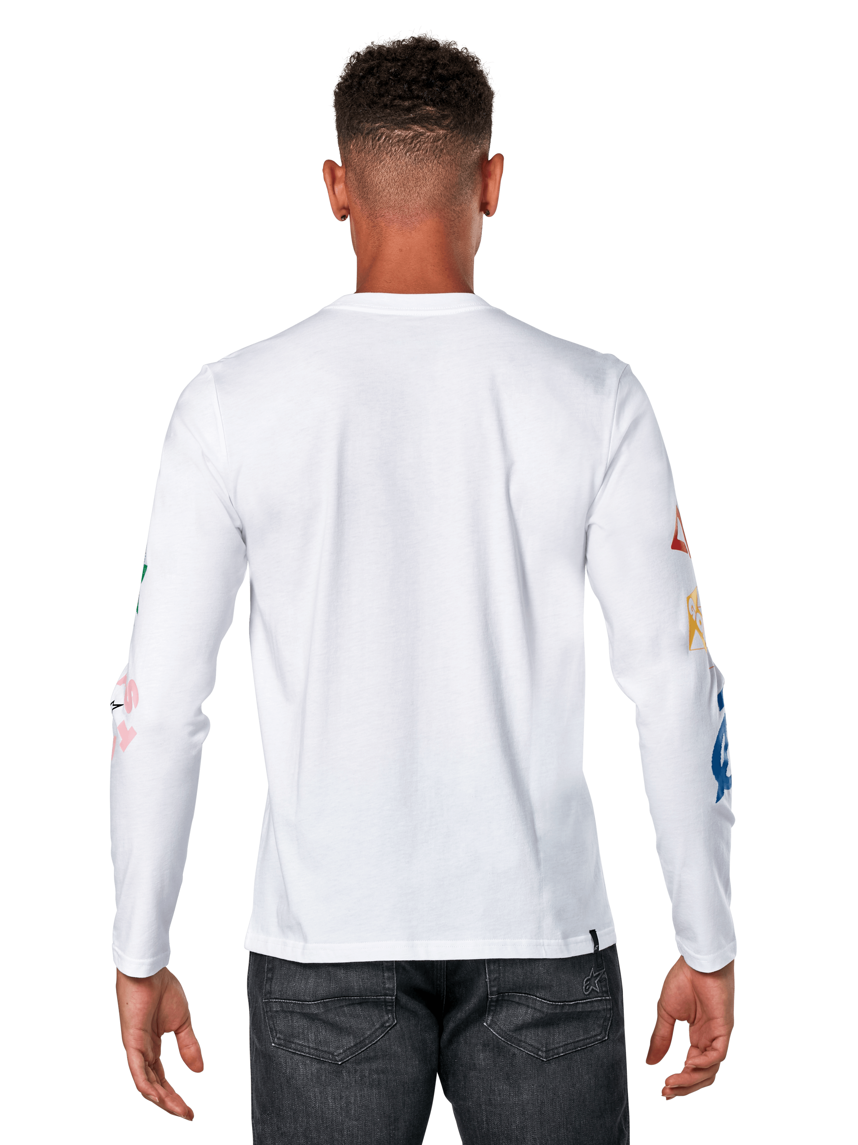 Alpinestars Brundo CSF Tee, Langarm-T-Shirt, Weiß, Rückansicht mit farbenfrohen Grafikdrucken auf den Ärmeln, lässige Motorsport-Streetwear