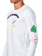 Alpinestars Brundo CSF Tee, Langarm-T-Shirt, Weiß, mit mehrfarbigen Brust- und Ärmelgrafiken, grünem Dreieck und pinken Logo-Details, lässige Motorsport-Sportbekleidung