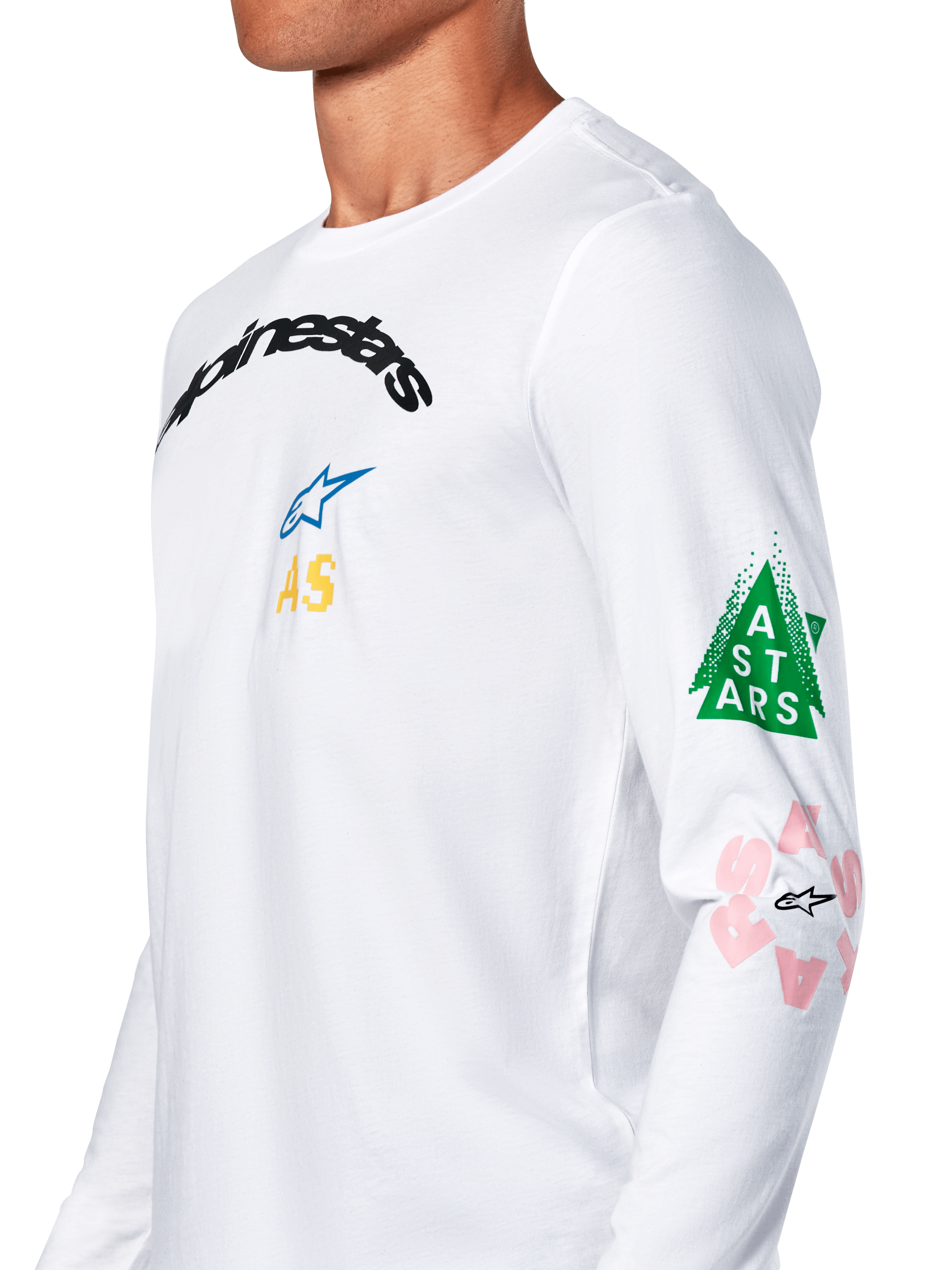 Alpinestars Brundo CSF Tee, Langarm-T-Shirt, Weiß, mit mehrfarbigen Brust- und Ärmelgrafiken, grünem Dreieck und pinken Logo-Details, lässige Motorsport-Sportbekleidung