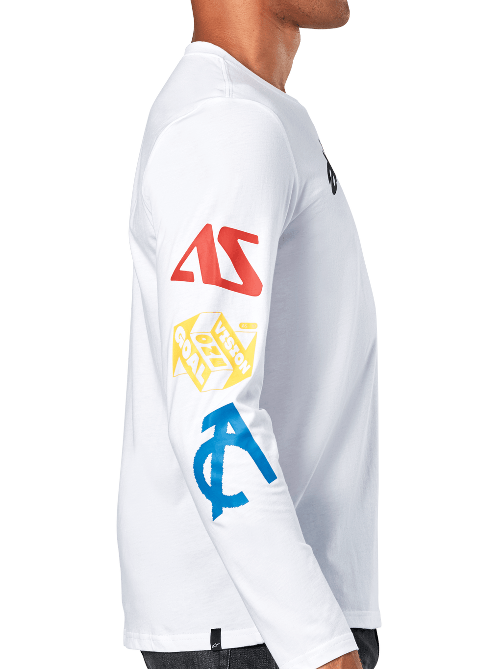 Alpinestars Brundo CSF Tee, Langarm-T-Shirt, Weiß, Seitenansicht mit mehrfarbigen Grafiken auf dem Ärmel in Rot, Gelb und Blau, lässige Motorsport-Streetwear