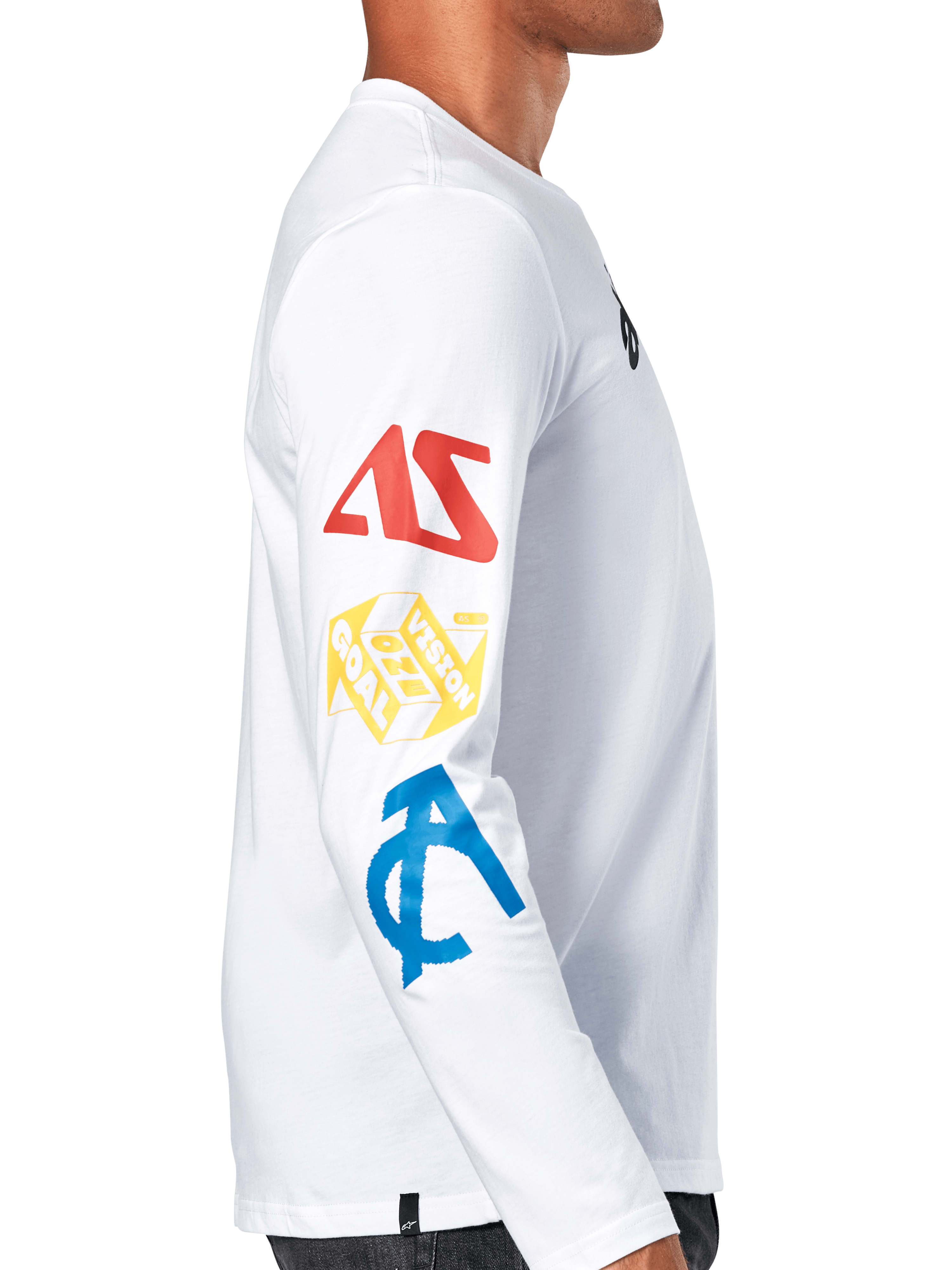 Alpinestars Brundo CSF Tee, Langarm-T-Shirt, Weiß, Seitenansicht mit mehrfarbigen Grafiken auf dem Ärmel in Rot, Gelb und Blau, lässige Motorsport-Streetwear