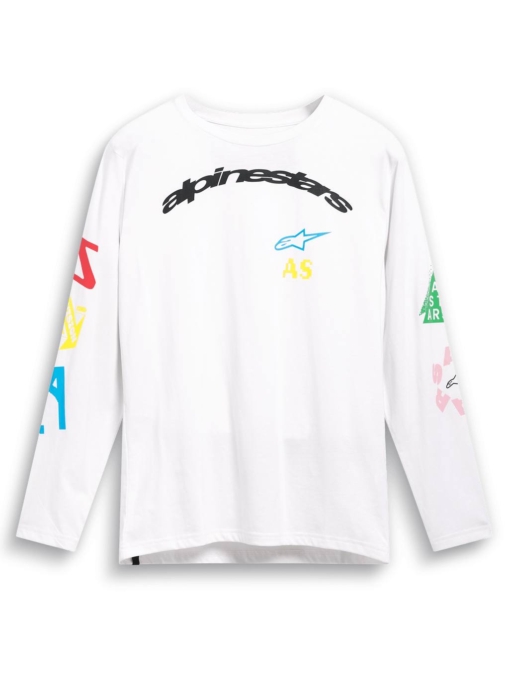 Alpinestars Brundo CSF Langarm-T-Shirt, Weiß, mit bunten Multi-Mix-Logo-Grafiken auf Brust und Ärmeln, bogenförmigem schwarzem Alpinestars-Branding, lässige Motorsport-Streetwear
