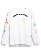 Alpinestars Brundo CSF Langarm-T-Shirt, Weiß, mit bunten Multi-Mix-Logo-Grafiken auf Brust und Ärmeln, bogenförmigem schwarzem Alpinestars-Branding, lässige Motorsport-Streetwear