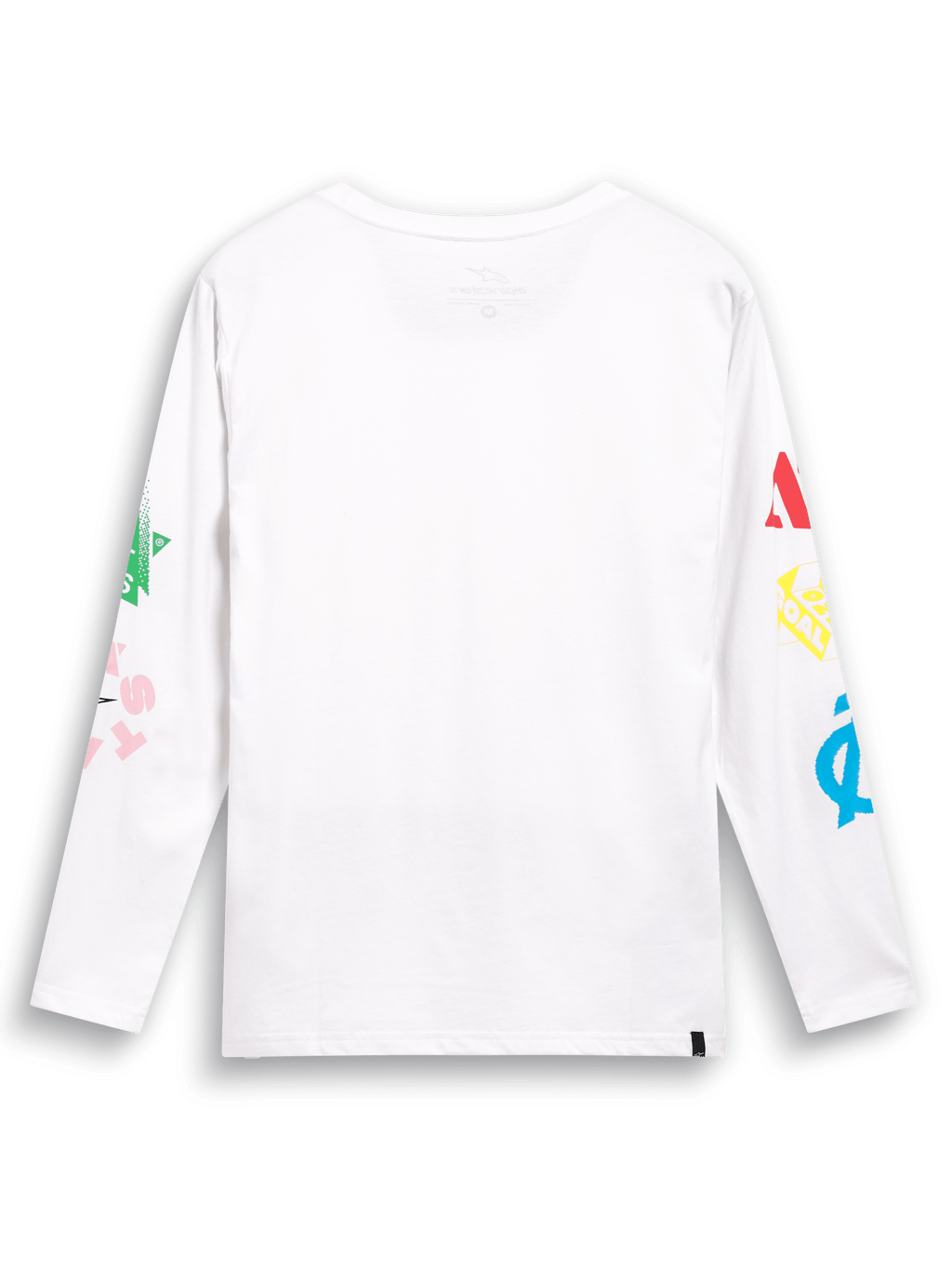 Alpinestars Brundo CSF Tee, Langarmshirt, Weiß, Rückansicht mit bunten Multi-Mix-Logografiken auf beiden Ärmeln, lässige, vom Motorsport inspirierte Streetwear