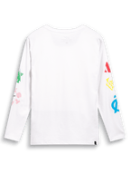 Alpinestars Brundo CSF Tee, Langarmshirt, Weiß, Rückansicht mit bunten Multi-Mix-Logografiken auf beiden Ärmeln, lässige, vom Motorsport inspirierte Streetwear