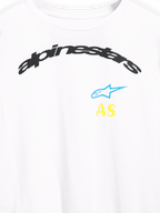 Alpinestars Brundo CSF Langarm-T-Shirt, Nahaufnahme der Brustgrafik, Weiß, gewölbtes schwarzes Alpinestars-Logo mit blauem Stern und gelben AS-Initialen, Freizeit-Sportbekleidung