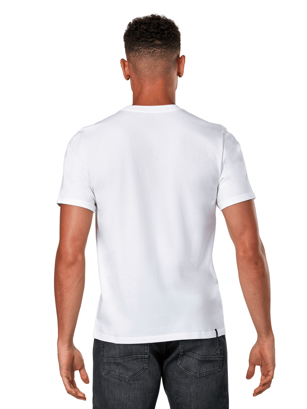 Alpinestars Glyfs CSF Tee, kurzärmeliges T-Shirt, Weiß, Rückansicht eines männlichen Models in schlichtem weißem T-Shirt und dunklem Denim, lässige Motorsport-Streetwear