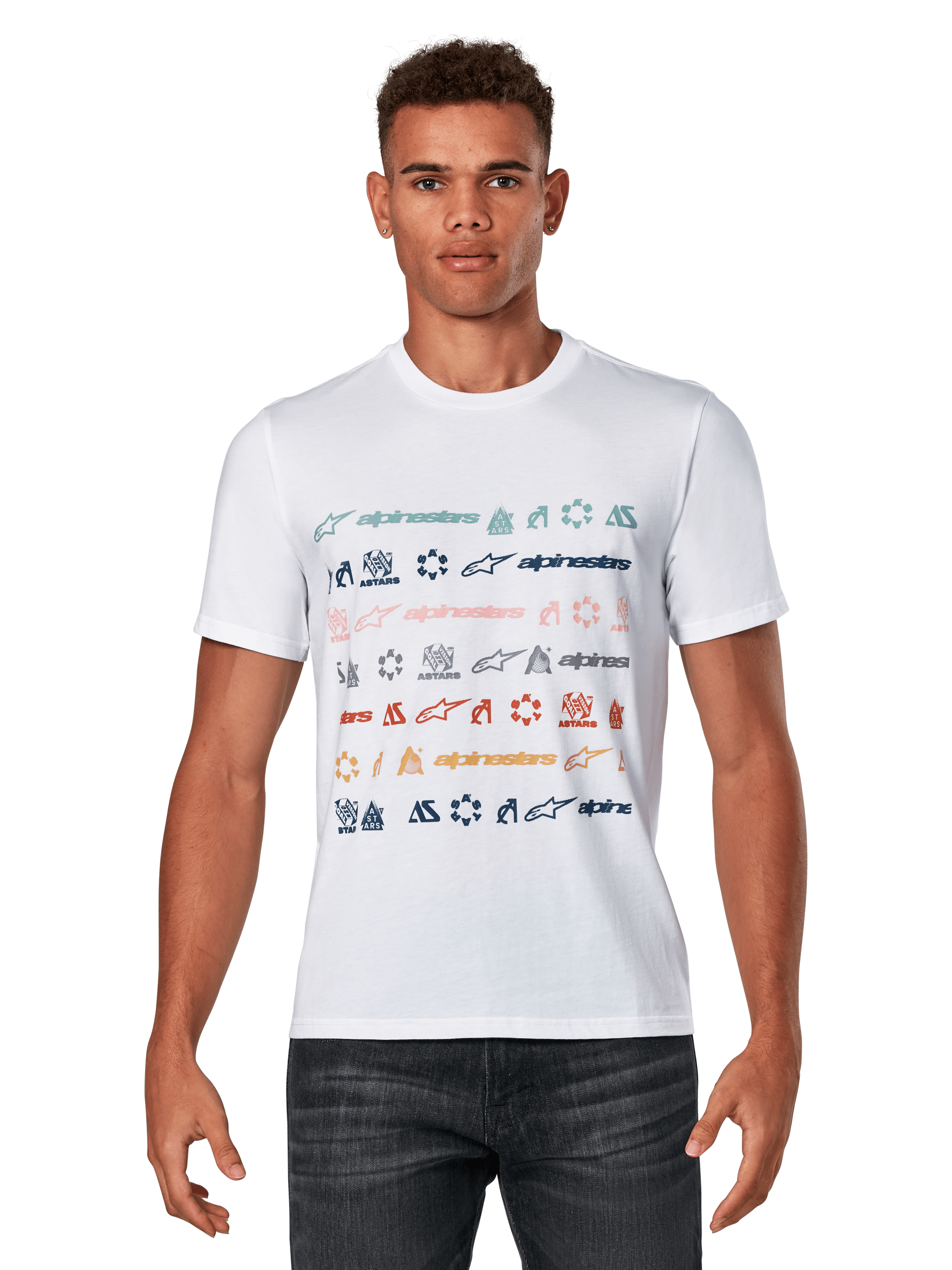 Alpinestars Glyfs CSF Tee, Kurzarm-T-Shirt, Weiß, mit gestreifter Multi-Logo-Grafik und farbenfrohen Symbolen auf der Vorderseite, Casual Motorsport-Sportbekleidung