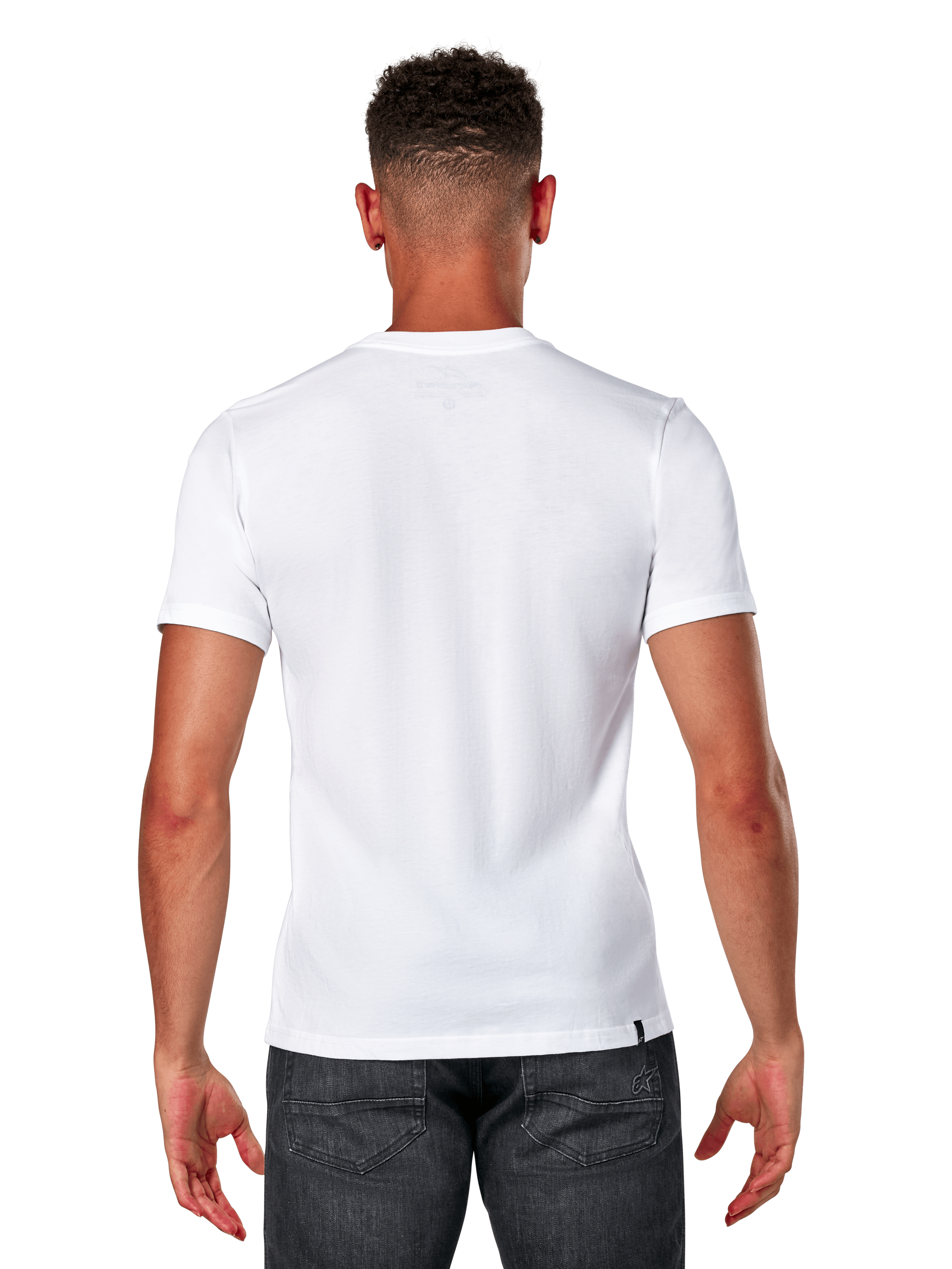 Alpinestars Elliptic CSF Tee, Kurzarm-T-Shirt, Weiß, Rückansicht am Model in dunkelgrauen Jeans, Casual Motorsport Streetwear