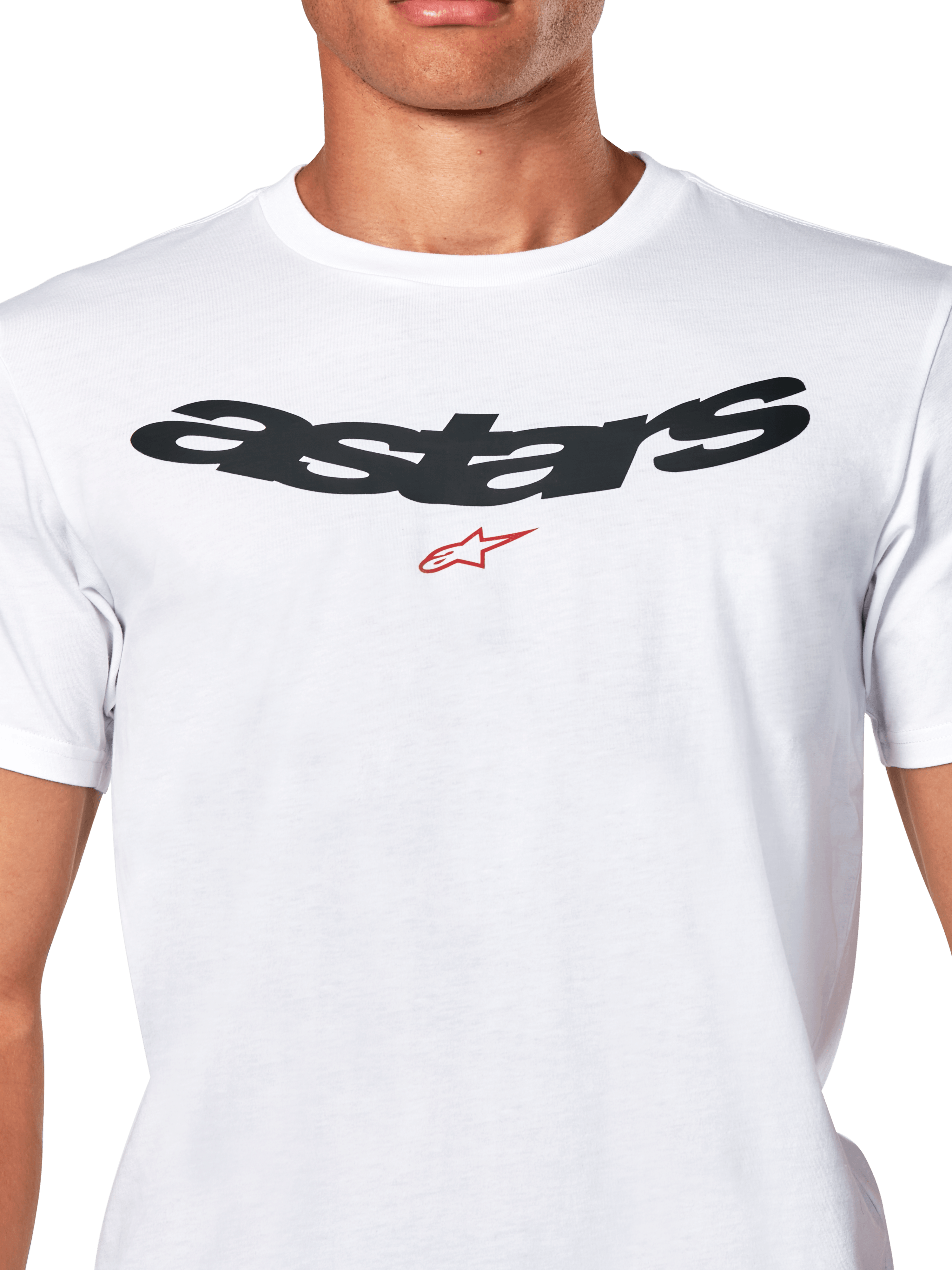 Alpinestars Elliptic CSF Tee, Kurzarm-T-Shirt, Weiß, schwarzes gebogenes Astars-Logo mit rotem Symbol auf der Brust, lässige Motorsport-Sportbekleidung