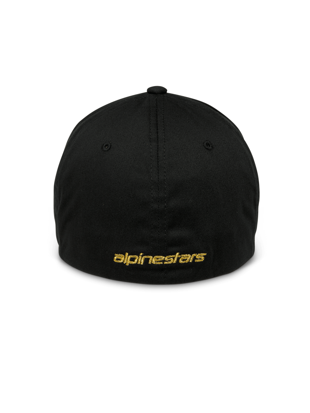 Alpinestars Gild Mütze, schwarze Sport-Cap, Rückansicht mit goldfarbener metallischer Alpinestars-Flachstickerei, geschlossenes Flex-Back-Design, strukturierte Krone, lässige, vom Motorsport inspirierte Kopfbedeckung