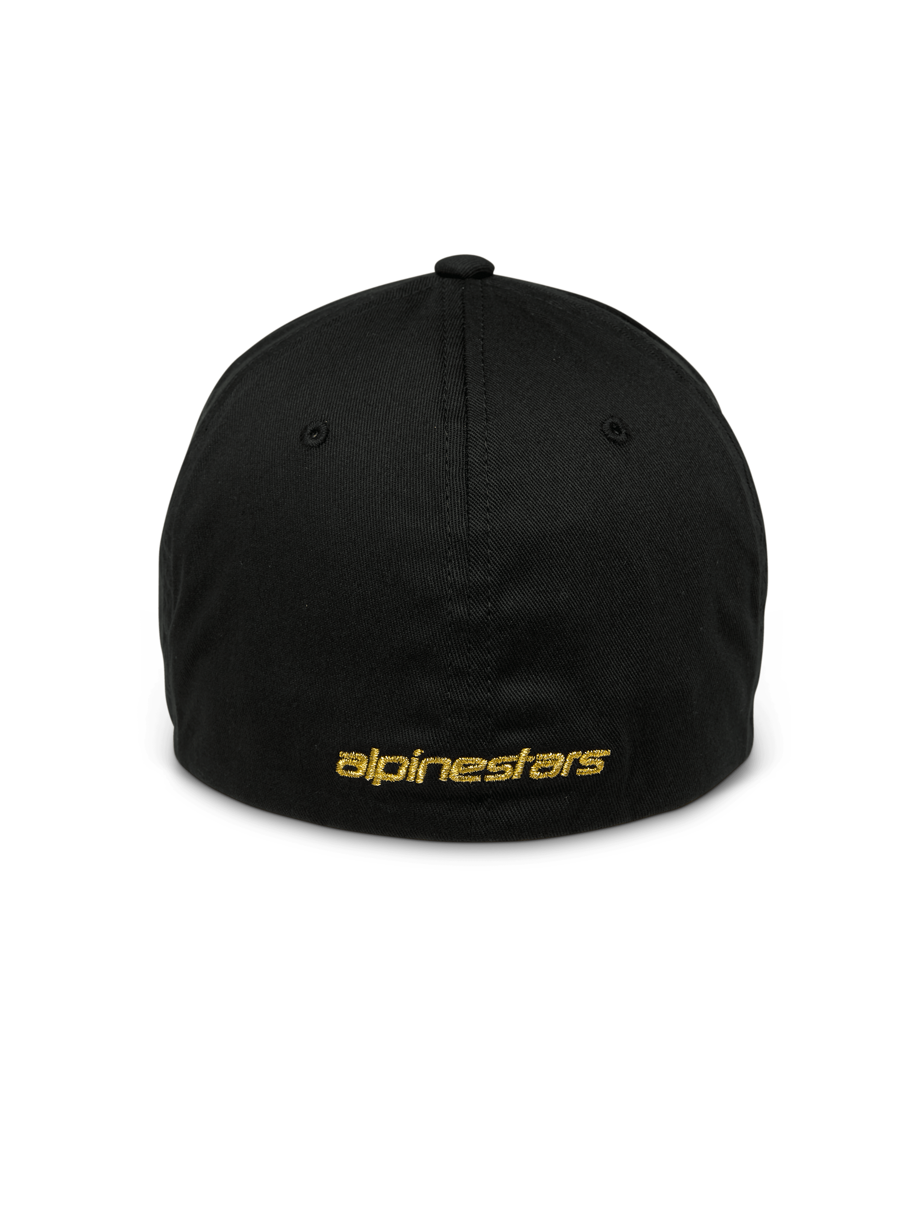 Alpinestars Gild Mütze, schwarze Sport-Cap, Rückansicht mit goldfarbener metallischer Alpinestars-Flachstickerei, geschlossenes Flex-Back-Design, strukturierte Krone, lässige, vom Motorsport inspirierte Kopfbedeckung
