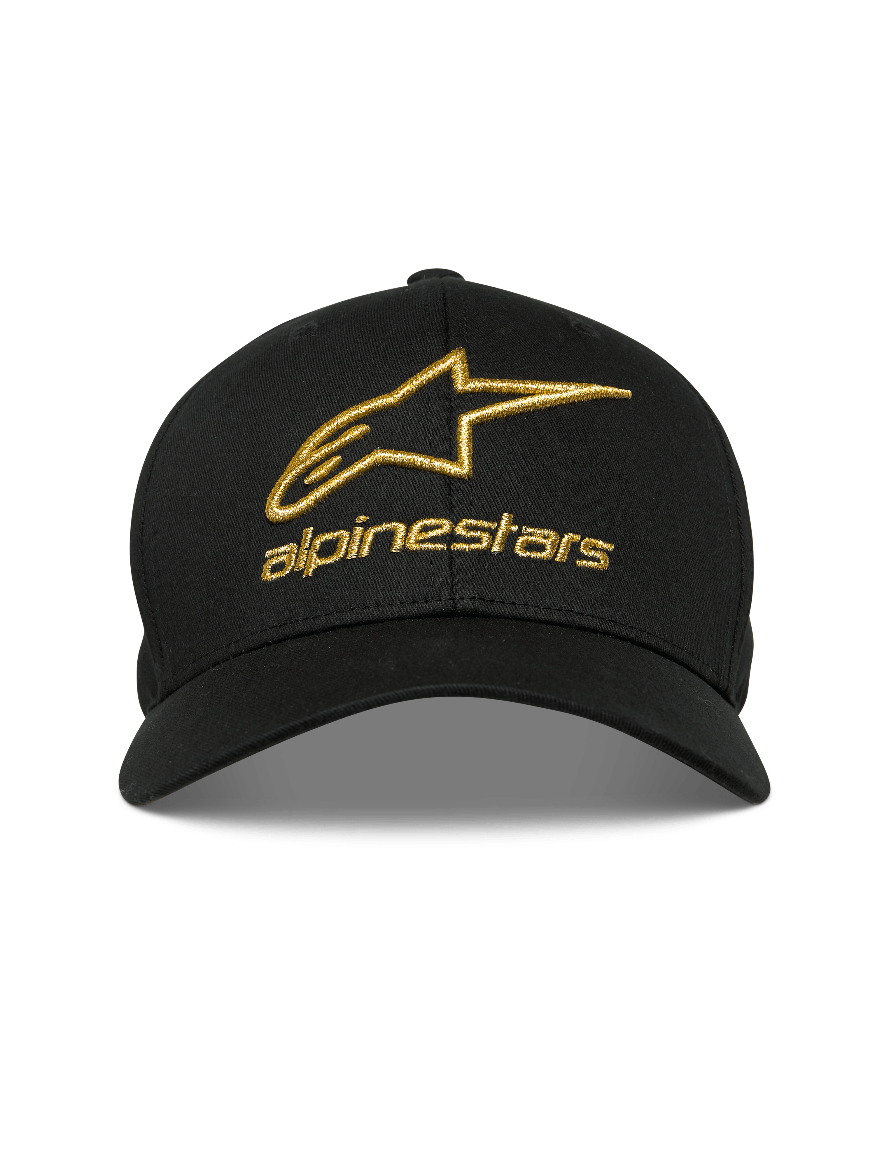 Alpinestars Gild Mütze, Schwarz, Goldene metallische 3D-Stickerei des Alpinestars-Logos, Gebogener Schirm mit strukturierter Krone, Lässige Motorsport-Sportbekleidung