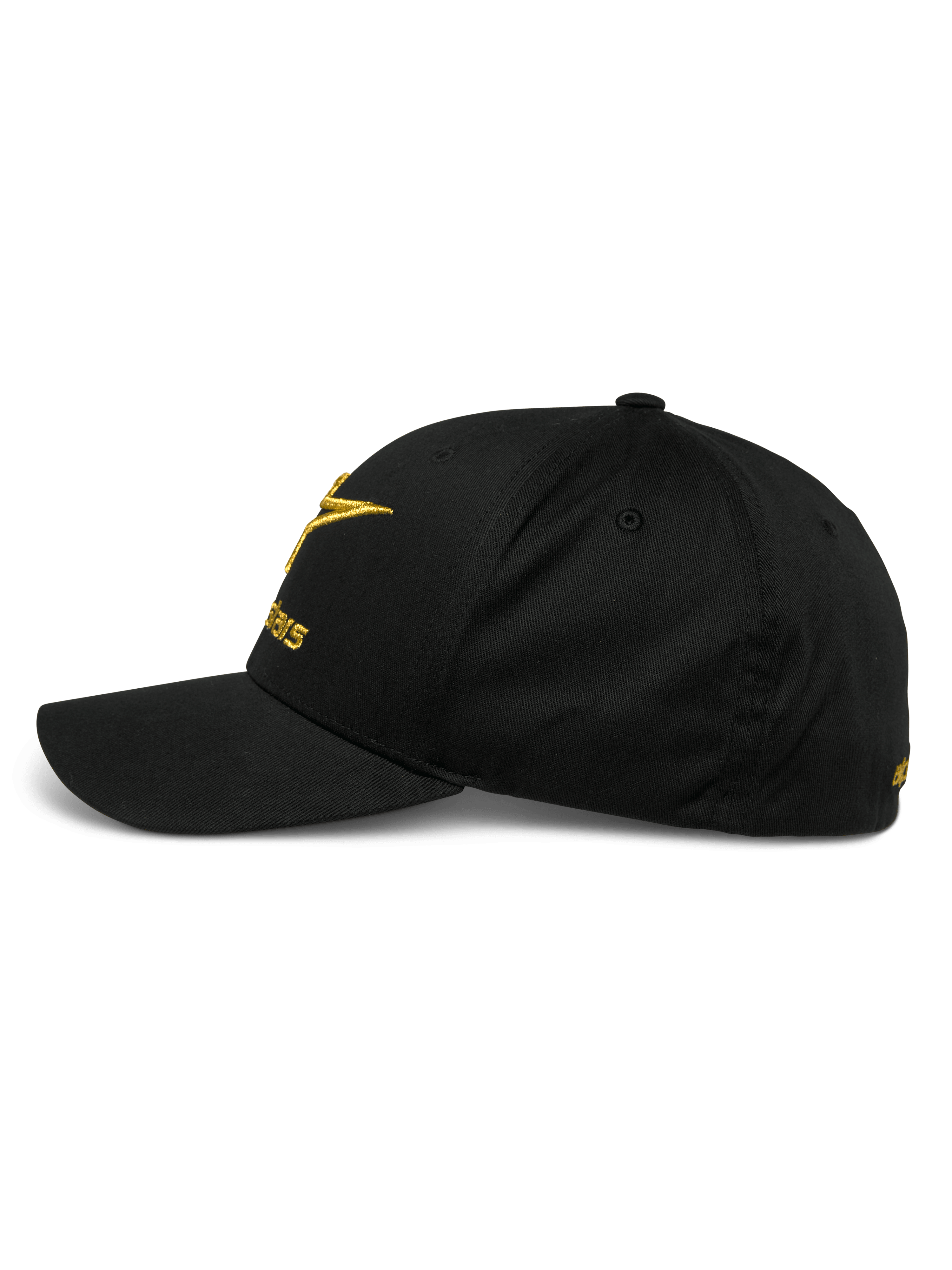 Alpinestars Gild Mütze, Seitenansicht einer schwarzen Baseballkappe mit gebogenem Schirm, goldene metallische 3D-Stickerei auf der Vorderseite und an der Seite, strukturierte Krone und Stretch-Twill-Gewebe, lässige Motorsport-Sportbekleidung.