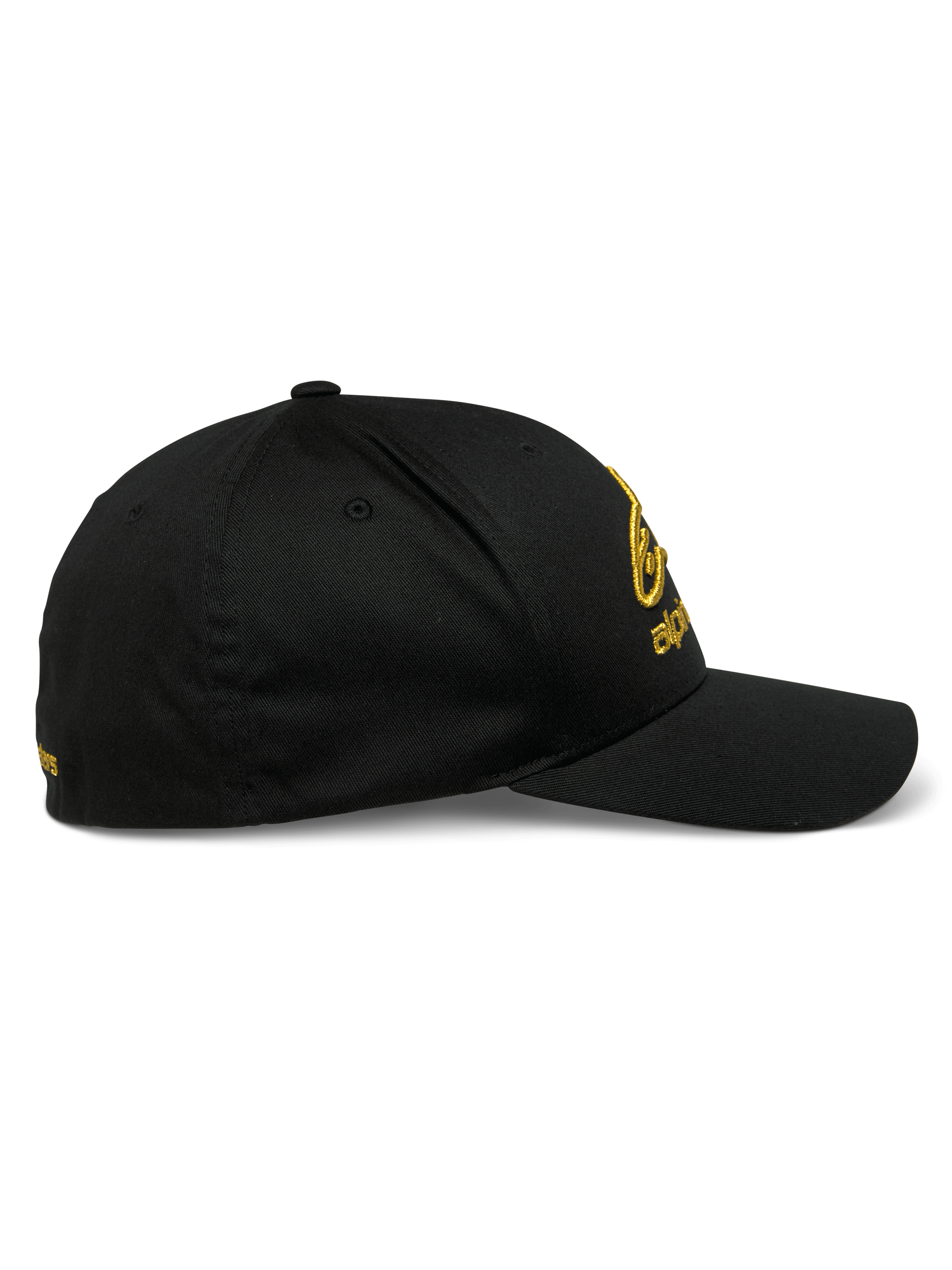Alpinestars Gild Mütze, Sport-Cap, Schwarz und Gold, Seitenansicht mit gebogenem Schirm, strukturierte Krone, goldene metallische 3D-Stickerei vorne und an der Seite, Stretch-Twill-Gewebe