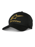 Alpinestars Gild Mütze, schwarze Baseball-Cap mit goldener metallischer 3D-Logo-Stickerei, strukturierte Krone und gebogener Schirm, lässige Motorsport-Sportbekleidung