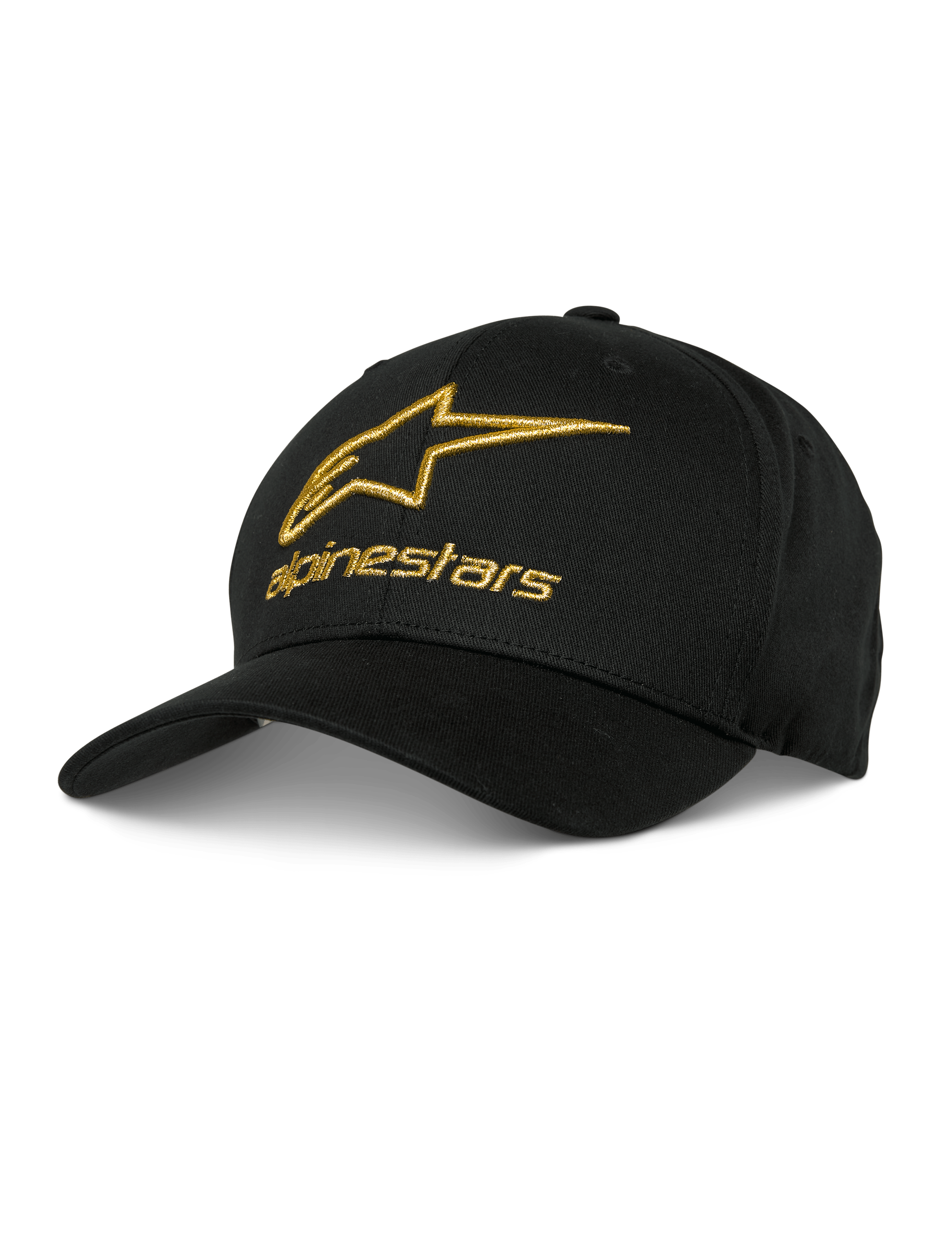 Alpinestars Gild Mütze, schwarze Baseball-Cap mit goldener metallischer 3D-Logo-Stickerei, strukturierte Krone und gebogener Schirm, lässige Motorsport-Sportbekleidung
