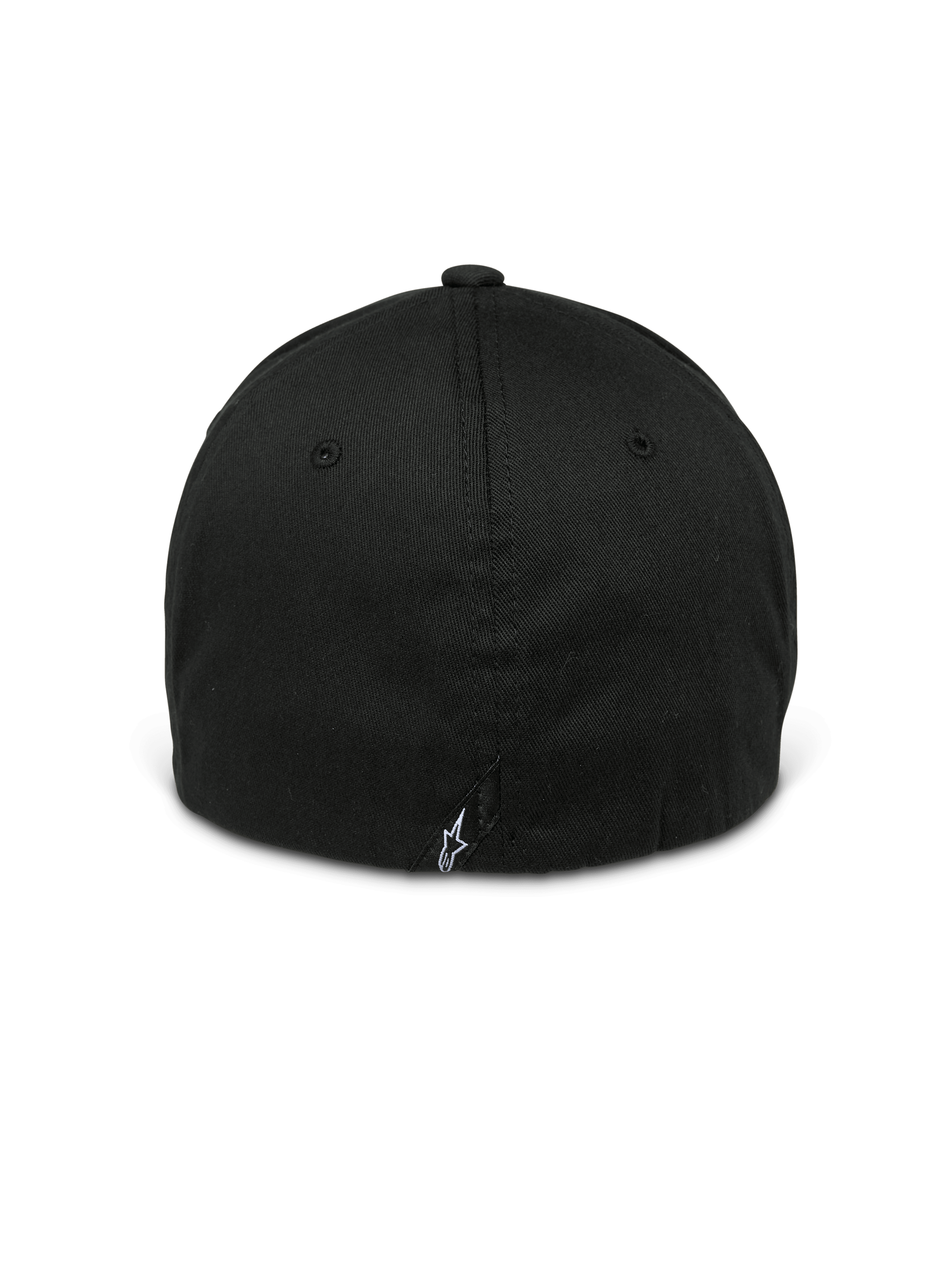 Alpinestars Arcstars Mütze, Schwarz, Rückansicht einer Flex-Back Baseballkappe, mit einem kleinen weißen Astars-Logo auf dem rückseitigen Etikett, strukturierte Krone mit farblich abgestimmten Ösen, lässige, vom Motorsport inspirierte Kopfbedeckung
