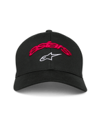 Alpinestars Arcstars Mütze, schwarze Baseballkappe, rote 3D-Astars-Stickerei und weißes Stern-Logo, gebogener Schirm, strukturierte Krone, lässige Motorsport-Kopfbedeckung
