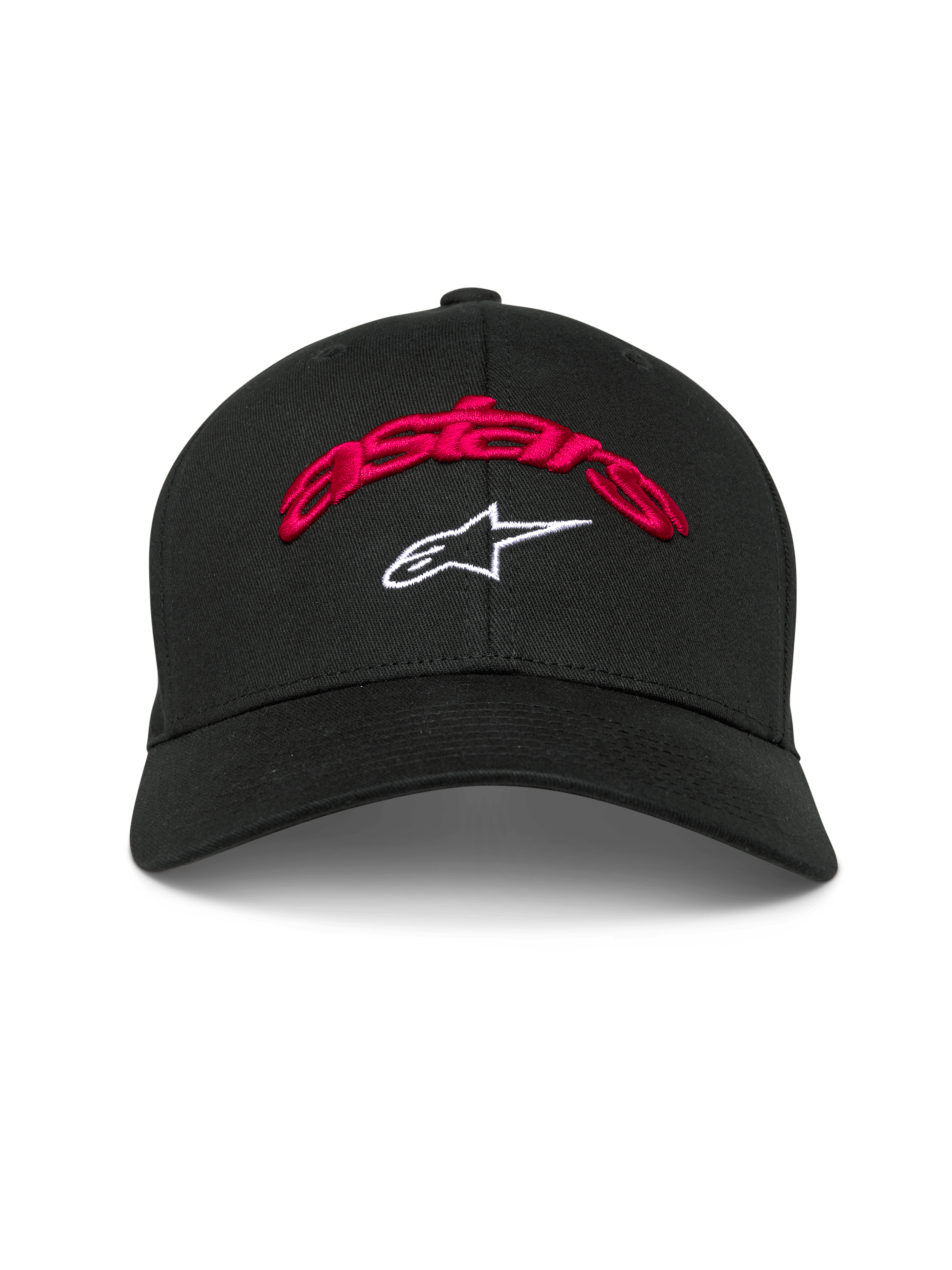 Alpinestars Arcstars Mütze, schwarze Baseballkappe, rote 3D-Astars-Stickerei und weißes Stern-Logo, gebogener Schirm, strukturierte Krone, lässige Motorsport-Kopfbedeckung