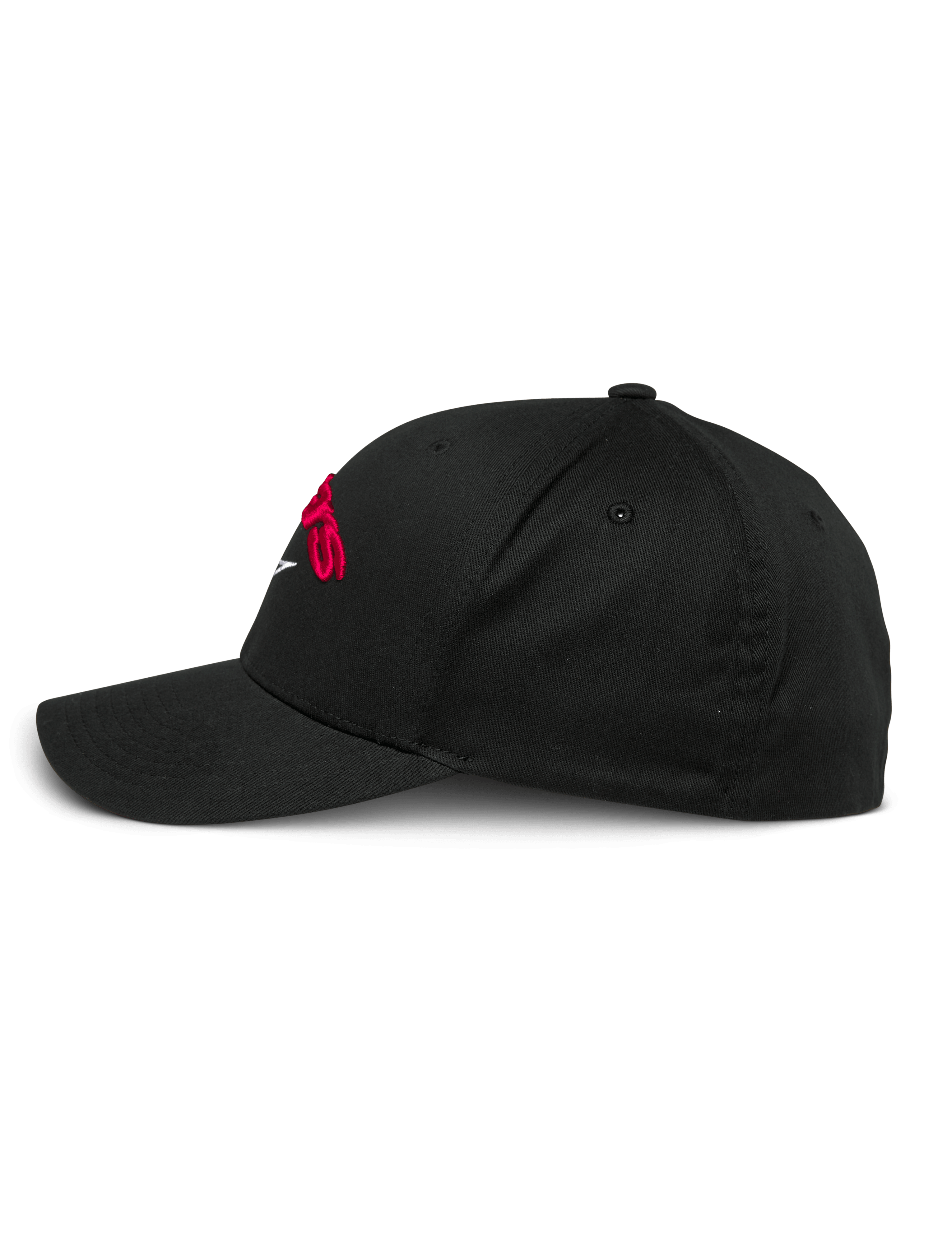 Alpinestars Arcstars Mütze, schwarze Baseballkappe, Seitenprofil, gebogener Schirm und strukturierte Krone, mit rotem 3D-Sticklogo, Casual Sportswear