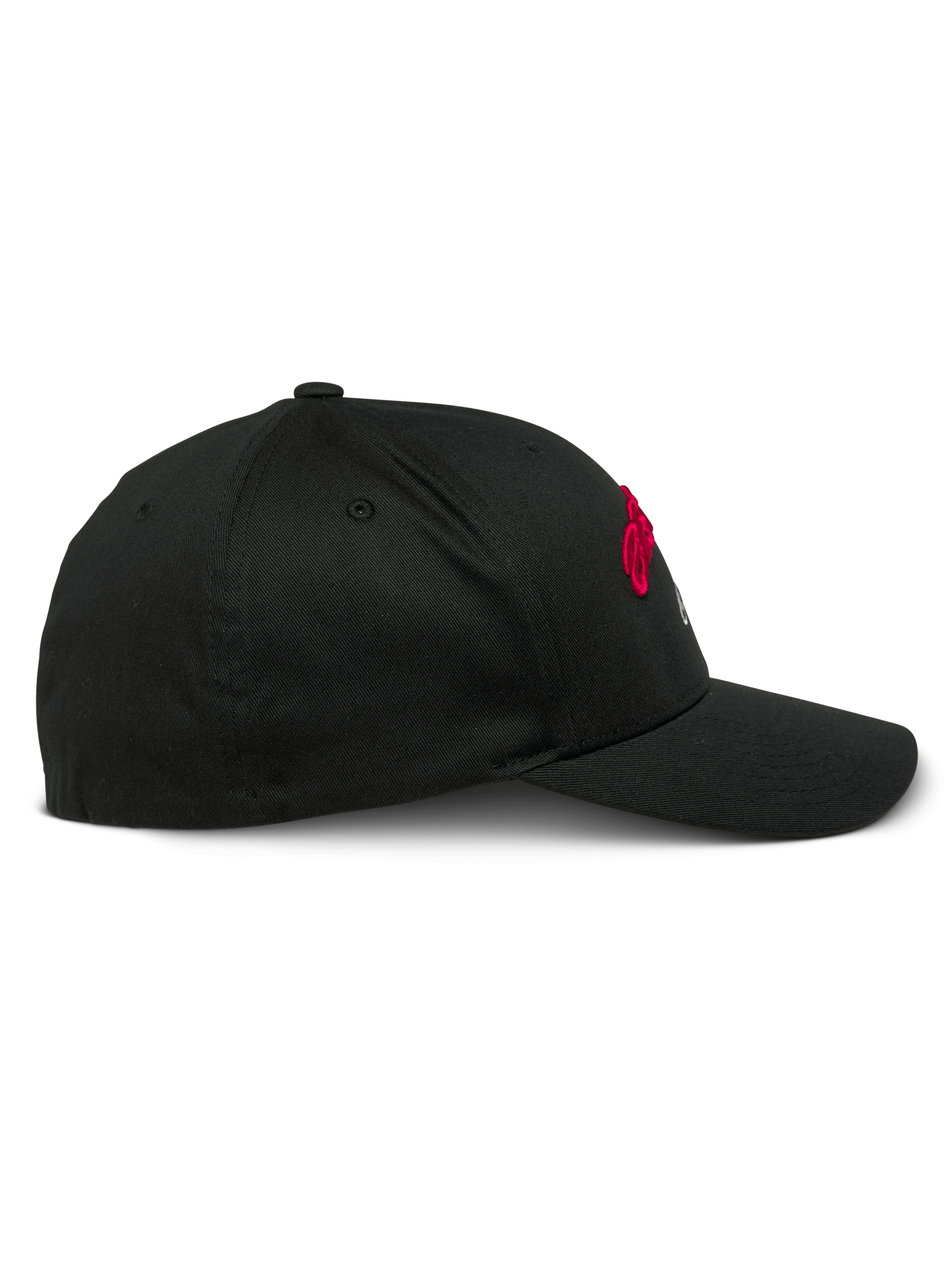 Alpinestars Arcstars Cap, schwarze Baseball-Cap, Seitenansicht, gebogener Schirm mit strukturierter Krone, Stretch-Twill-Gewebe, rote und weiße Stickerei-Details, lässige vom Motorsport inspirierte Kopfbedeckung