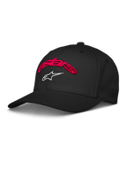 Alpinestars Arcstars Mütze, schwarze Baseball-Kappe mit roter 3D-Stickerei des Astars-Schriftzugs und weißem Stern-Logo, gebogener Schirm, strukturierte Krone, legere Motorsport-Sportbekleidung